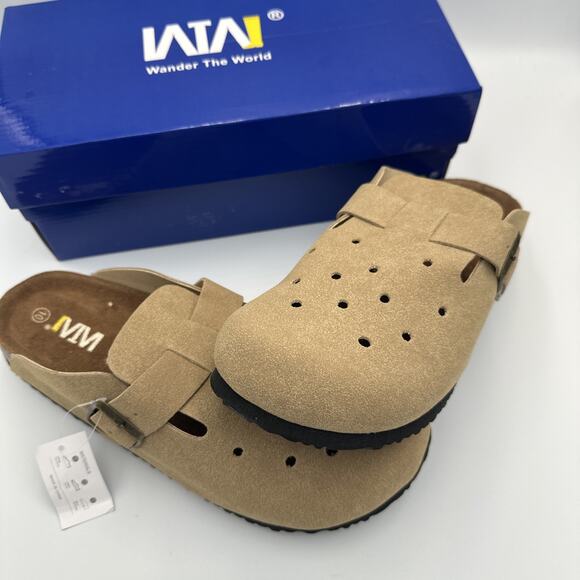 Womens Clogs Slip On Shoes Mules Cork Footbed Suede Leather Size 10 Sand Khaki - Picture 1 of 10